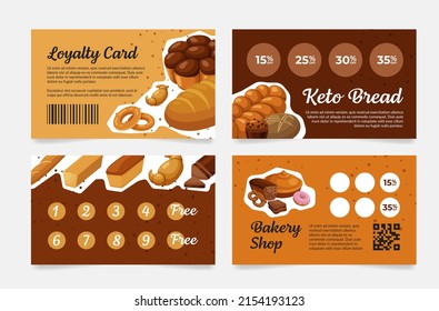 Collection bakery loyalty card sale special offer coupon design template vector illustration. Set keto bread, pastry, sweet candy, croissant, donut, cake paper voucher for free stamp sticker collect