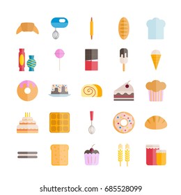 Collection of bakery and pastry flat icons. Modern vector icons for web design