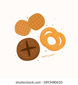 Collection of bakery products. Flatbreads, bun, roll. Cartoon vector illustration on a light isolated background.