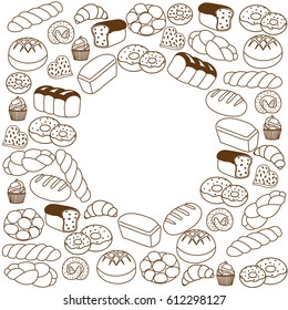 Collection of bakery products on a white background. Handwritten sketch brush. The place for the text.