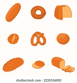 Collection with Bakery - various kinds of bread stuffed. Bread rolls, bagel, bread and pretzel top view. Isolated on white background. Vector illustration