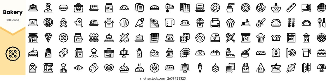 A collection of bakery-themed line icons showcasing various baked goods and tools, perfect for illustrating culinary content and food-related projects.