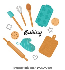 Collection of baking accessories. Vector illustration with baking cooking concept. Baking dishes on a white background