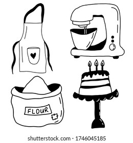 Sammlung Backen im Doodle-Stil. Kochrezepte. Kuchen, Schürze, Mehl, Mixer. Bäckerei. Bild des Bestands
