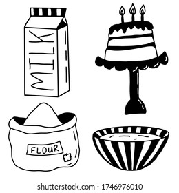 Collection baking in doodle style. Cooking recipes. Cake, bowl, flour, milk. Bakery set. Stock Vector illustration.