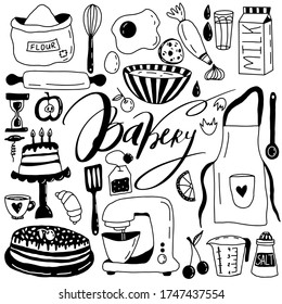 Collection baking in doodle style. Cooking recipes. Cake, mixer, cup, whisk, cherry, egg, flour, milk, apron, apple, lemon, tea, pastry syringe. Bakery set. Stock Vector illustration.