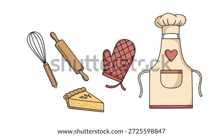 Collection of baking essentials including a whisk, rolling pin, oven mitt, apron, and a slice of delicious pie.