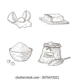 Collection of Baking Ingredients. Hand Drawn Food Illustrations Set for logo, recipe, print, sticker, bakery menu design and decoration