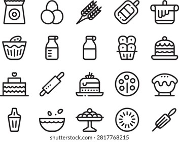 Collection of baking ingredients and tools icons for food and cooking design projects