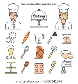 Collection of Baking Tools Icons, line and color vector, illustration flat design. Set of signs for infographic, logo, app,  website design, social media. Included logo example chef characters.