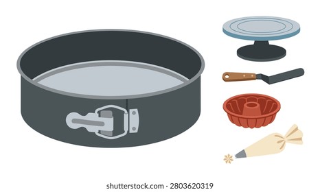 A collection of baking tools including a springform pan, cake turntable, spatula, bundt pan, and piping bag.