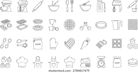 Collection of baking tools and ingredients in black and white line style kitchen utensils baking ingredients