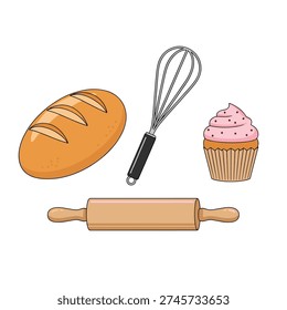 A collection of baking tools and treats, including a loaf of bread, a whisk, a cupcake, and a rolling pin, all presented in a clean, illustrative style.