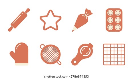 A collection of baking tools and utensils, including a rolling pin, star cookie cutter, piping bag, muffin tin, oven mitt, sieve, and cooling rack.