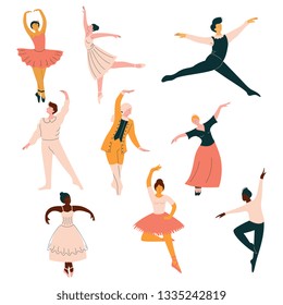 Collection of Ballet Dancers, Men and Women Dancing Classical Dance Vector Illustration