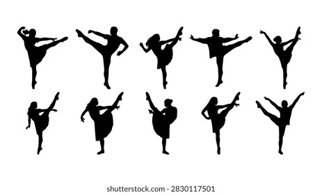 A collection of ballet dancers in various elegant poses captured as black silhouettes against a plain background, showcasing grace and flexibility.