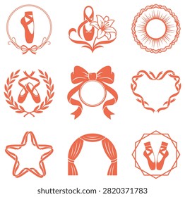 A collection of ballet themed vector icons and frames with elegant ribbon accents, perfect for dance studio branding or recital invitations.