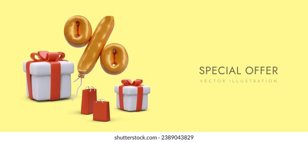 Colección del porcentaje de globos, cajas de regalos y bolsas de compras con un estilo realista. Cartel con oferta especial, ventas y descuentos. Ilustración del vector con fondo amarillo
