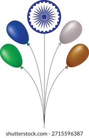 Una colección de globos en varios colores, incluyendo azul, verde, plateado y marrón, atados a un punto central. En la parte superior hay un símbolo de rueda azul y blanco, que se asemeja al Chakra de Ashoka.