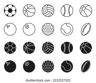 Colección de bolas para Baloncesto, Béisbol, Tenis, Rugby, Fútbol, Voleibol, Golf, Piscina, Bowling Line e Icono de Silhouette. Icono conjunto de bolas de juego deportivas. Stroke editable. Ilustración vectorial.