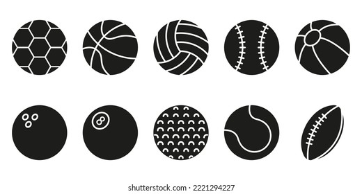 Collection of Balls for Basketball, Baseball, Tennis, Rugby, Soccer, Volleyball, Golf, Pool, Bowling Pictogram. Set of Sport Game Balls Icon. Inflatable Ball, Softball Symbol. Vector Illustration.