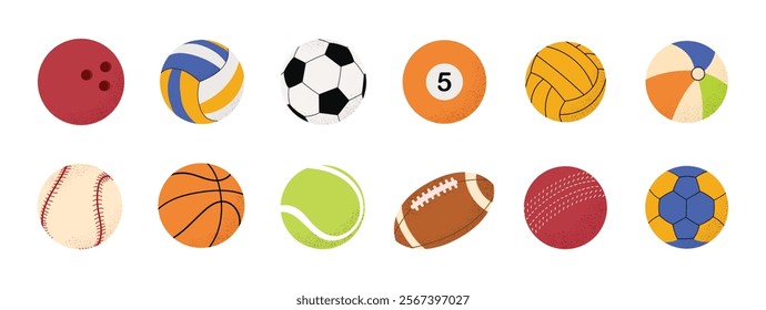 Collection of balls for different sports and recreational activities. Vector balls for soccer, basketball, volleyball, rugby, tennis. Various equipment for sport games isolated on white background.