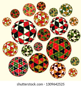 collection of balls with mosaic pattern in retro red ivory green shades