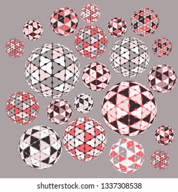 collection of balls with mosaic pattern in retro silver red shades