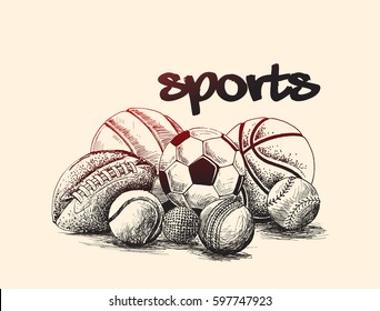 Collection of balls, sports balls, Hand Drawn Sketch Vector Background.