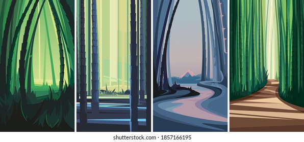 Collection of bamboo forests. Nature scenes in vertical orientation.