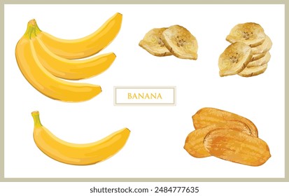 A collection of banana in various shapes and sizes, arranged in a seamless pattern on a white.