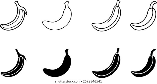 A collection of banana vector icons in both outline and silhouette styles. The design includes black and white banana illustrations, showcasing artistic representations of bananas. 