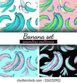 Collection of banana.Simple banana seamless pattern background.set 4 in 1.