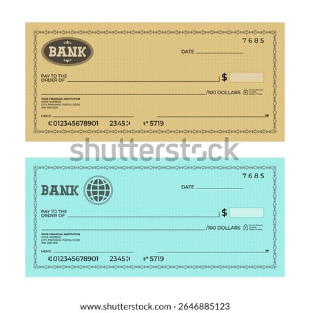 Collection of bank check template isolated on a white background. Bank cheque template set
