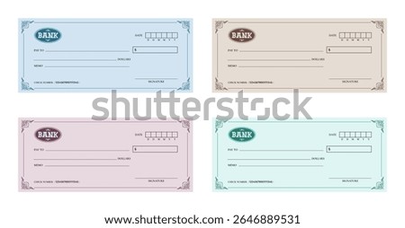 Collection of bank check template isolated on a white backdrop. Set of bank cheque on a white background