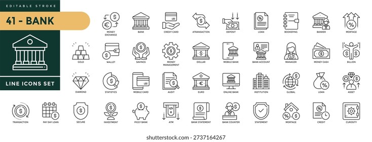 A collection of Bank icons set with editable stroke, including banking operations, currency, savings, mortgage, investment. Thin linear vector illustration