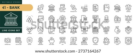 A collection of Bank icons set with editable stroke, including banking operations, currency, savings, mortgage, investment. Thin linear vector illustration