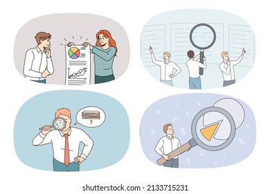 Collection Of Bankers Analyze Financial Data With Magnifier Glass. Set Of Businesspeople Or Bank Employees Work With Schemes And Diagrams. Analysis And Finance. Vector Illustration. 