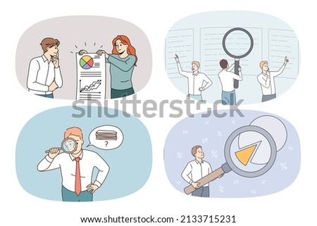Collection of bankers analyze financial data with magnifier glass. Set of businesspeople or bank employees work with schemes and diagrams. Analysis and finance. Vector illustration. 