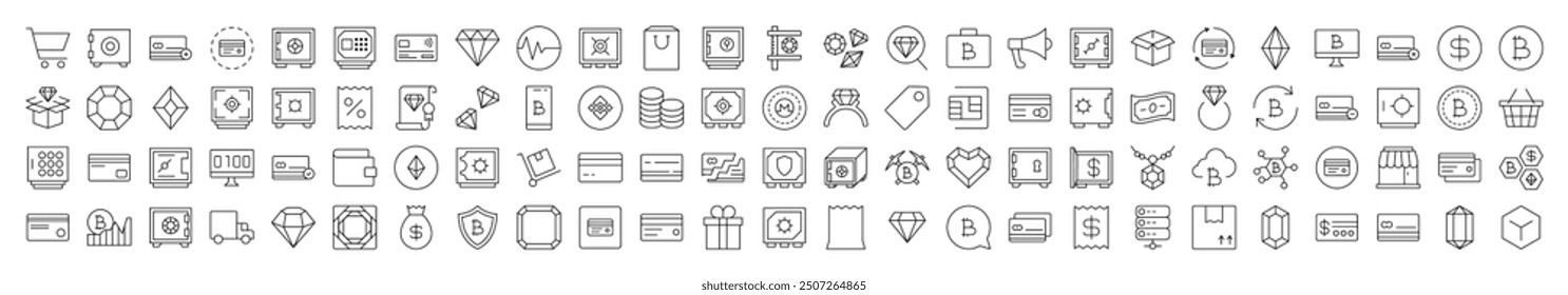 Collection of Banking and Money Related Line Icons. Editable Stroke for Design, Web Sites, Apps, Cards. Contains Linear Images of Shopping Cart, Bank, Diamond