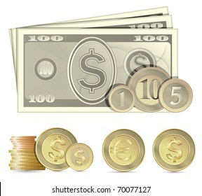 Collection of banknotes and coins Stock Vector
