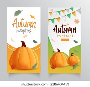 Collection Banner autumn with illustration of realistic pumpkins and flying leaves. Modern design