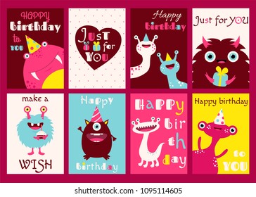 Collection of banner, background, flyer, placard with cute monsters and inscriptions. Birthday label set for scrapbooking. Vector template card for greeting, decorations, congratulations. EPS8