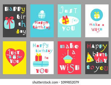 Colección de banner, fondo, volante, cartel en estilo ingenuo dibujado a mano con inscripciones. Etiqueta de cumpleaños para la reserva de recortes. Tarjeta de plantilla vectorial para saludos, decoraciones, felicitaciones. EPS8