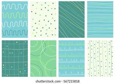 Collection banner, background, flyer, placard with lines in doodle style. Set for scrapbooking. Vector template card for greeting, decorations, congratulations in retro green and blue color