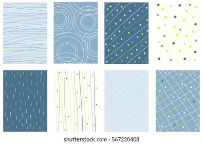 Banner de la colección, fondo, volante, cartel con líneas en estilo doodle. Se ha establecido para la reserva de recortes. Tarjeta de plantilla vectorial para saludos, decoraciones, felicitaciones en color verde y azul retro