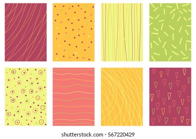 Collection banner, background, flyer, placard with lines in doodle style. Set for scrapbooking. Vector template card for greeting, decorations, congratulations in retro green, yellow and orange color
