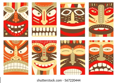Collection banner, background, flyer, placard with tiki tribal mask. Set for scrapbooking. Vector template card for greeting, decorations, congratulations in retro green, red, yellow and orange colors