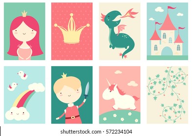 Collection of banner, background, flyer, placard with cute princess, prince, dragon, unicorn. Poster set for scrapbooking. Vector template card for greeting, decoration, congratulation in retro color