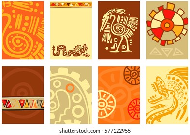 Banner de colección, fondo, volante, cartel con los patrones tradicionales indios americanos para scrapbooking. Tarjeta de plantilla vectorial para saludos, decoraciones, felicitaciones en color amarillo, rojo y naranja
